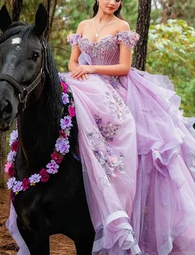 Purple Quinceanera Dress Glitter Crystal 3D Flower Decal Lace Layering Long tail off-shoulder Bow Vestidos De 15 Quinceanera ﻿Cu - Aliexpress - FashionsVida