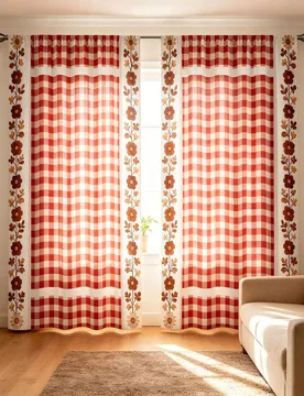 Piezas de cortinas con estampado a doble cara de cuadros rojos y blancos con patrón floral, de material de poliéster transparente, adecuadas para do - Shein - FashionsVida