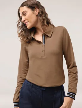 Poloshirt Kontrastdetail, normale Größen, Farbe Beige, 38, weicher Baumwoll-/Modalmix moderner Look Damen - Walbusch - FashionsVida
