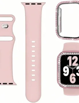 Set Nuevo kit de banda de reloj de silicona y estuche de unicolor minimalista con hebilla de mariposa y estuche protector de PC incrustado con diamant - Shein - FashionsVida