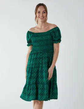 Puff Sleeve Bardot Shirred Dress - 8 / GREEN - female - Blue Vanilla - FashionsVida