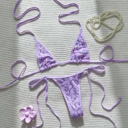 Conjunto de bikini de 2 piezas, vacaciones de playa primavera/verano, tela texturizada, top triangular con cuello halter y Bottom de tanga con lazo la