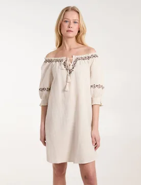 Embroidered Detailing Bardot Tunic Dress - S / STONE - female - Blue Vanilla - FashionsVida