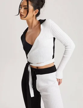 Women's Ribbed Colour Block Wrap Cardigan Sweater in Black Size: 12 - Black - Size: 12 - Urban Bliss - FashionsVida