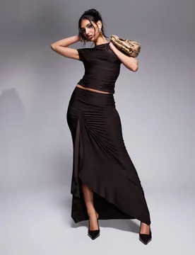 Womens Exclusive Double Layered Slinky Drape Detail Maxi Skirt Co-Ord In Chocolate - Brown - Size 4 Uk - KAIIA - FashionsVida