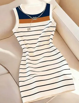 Vestido básico casual de ajuste ceñido con estampado de bloques de color y rayas XS - Shein - FashionsVida