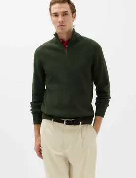 Cotton Blend Ribbed Half Zip Jumper Dark Khaki male - M&S - FashionsVida