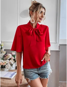 Blusa con cuello de corbata y mangas con volantes para ropa de Año Nuevo XS - Shein - FashionsVida