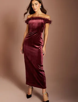 Women's Feather neckline Bardot Velvet Pencil Dress in Burgundy Size: 18 - Burgundy - Size: 18 - Coast - FashionsVida