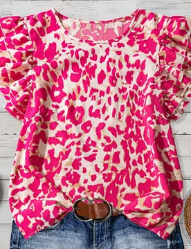 Blusa de mujer talla grande Curve con estampado de leopardo rojo rosa, cuello redondo, manga corta de doble capa, top suelto, verano, beige, boho, sex - Shein - FashionsVida