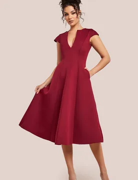 Women's Cap Sleeve Plunging V Neckline A-line Midi Dress in Wine Size: 12 - Wine - Size: 12 - Goddiva - FashionsVida