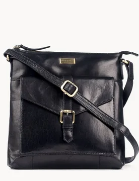 Women's 'HOXTON' Vintage Real Leather Crossbody Sling Bag in Black - Black - Size: One Size - Assots London - FashionsVida