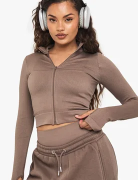 Womens Basics Seamless Rib Zip Through Jacket - Mocha - Size Large - Boohoo - FashionsVida
