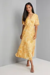 Women's Floral Chiffon Pleated Sleeve Midi Dress in Yellow Size: 18 - Yellow - Size: 18