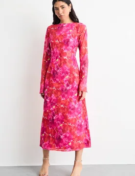 Women's Burnout Floral Chiffon Slash Neck Bias Midi Dress in Pink Size: 14 - Pink - Size: 14 - Warehouse - FashionsVida