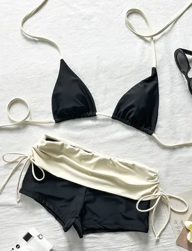 Conjunto de bikini triangular con cuello halter y shorts de cintura alta, traje de baño para vacaciones de verano en aguas termales, adecuado para fi - Shein - FashionsVida