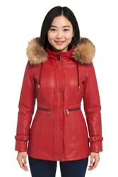 Womens Red Hooded Parka Jacket-Putian Lamb Leather - Size 12 Uk