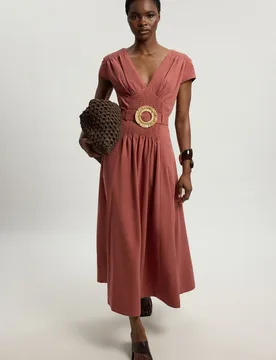 Womens Shirred V Neck Belt Detail Woven Maxi Dress - Rust Lyocell - Size 18 Uk - Karen millen - FashionsVida
