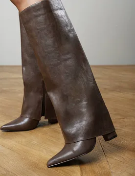 Women's Makenzie Fold Down Knee High Heeled Shark Boots in Brown Size: 5 - Brown - Size: 5 - Where's That From - FashionsVida