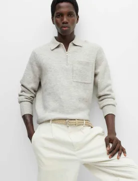 Supersoft Quarter Zip Knitted Polo Shirt Mid Grey Marl male - M&S - FashionsVida