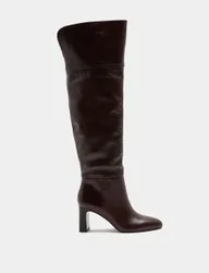 Leather Block Heel Over the Knee Boots Brown female