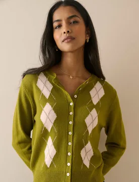 Cotton With Wool Argyle Crew Neck Cardigan Green female - Nobody's Child - FashionsVida
