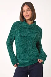 Women's Cowl Neck Chenille Knit Jumper in Green Size: 14 - Green - Size: 14