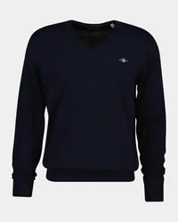 Mens Regular Fit Long Sleeve V-Neck Jumper In Dark Blue Cotton - Size X-Large