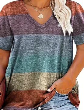 Camiseta casual de mujer talla grande con cuello en V a rayas, para verano 5XL - Shein - FashionsVida