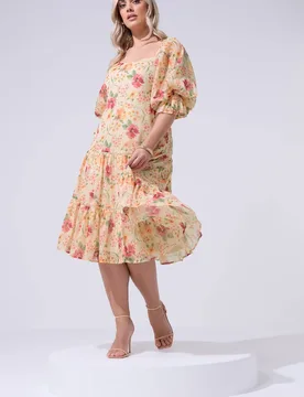 Women's Floral Midi Dress in Nude Size: 18 - Nude - Size: 18 - Yours - FashionsVida