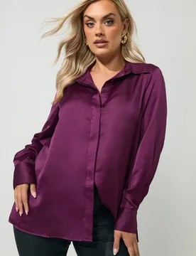 Women's Satin Shirt in Purple Size: 24 - Purple - Size: 24 - Yours - FashionsVida