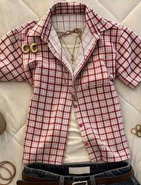 Camisa de manga corta de un solo pecho a cuadros casual de verano para mujer S - Shein - FashionsVida