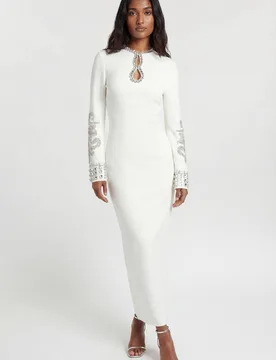 Women's Figure Form Bandage Knit Embellished Wide Sleeve Midi Dress in Ivory Size: 6 - Ivory - Size: 6 - Karen millen - FashionsVida