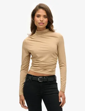 Superdry Damen Langärmeliges, Gerafftes Oberteil mit Stehkragen Braun - Größe: 42 - 49.99 - FashionsVida