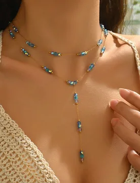 Set de 2 collares con colgante de cristal azul y blanco, gargantilla y collar en Y de acero inoxidable para mujer, diseño de cuentas de cristal, adec - Shein - FashionsVida