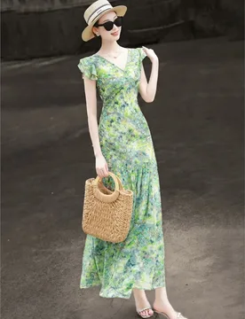 A new elegant and stylish short-sleeved floral dress with leaf sleeve collar - Aliexpress - FashionsVida