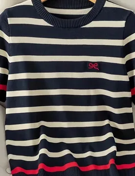 Suéter de punto para mujer, cuello redondo de manga corta con rayas azul marino, crema y rojo, top con bordado de lazo, para fiestas de otoño e invi - Shein - FashionsVida