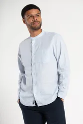Linen Blend Mens Grandad Collar Long Sleeve Shirt - - Size: L