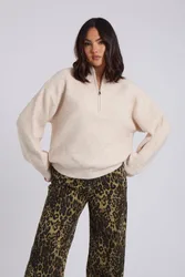 Womens Cream Ribbed Half Zip Jumper - Size Large