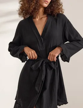 Bata larga de mujer de algodón puro suave con malla de doble capa y ribete con volantes, ropa de estar cómoda L - Shein - FashionsVida