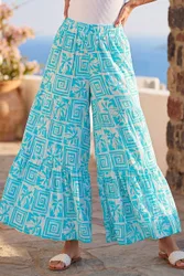 Women's Palm Tile Print Tiered Palazzo Trouser in Turquoise Size: Large - Turquoise - Size: L
