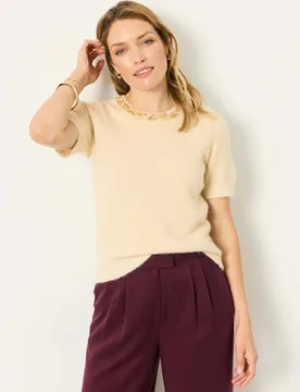 Embroidered Crew Neck Knitted Top with Wool Ivory female - Fatface - FashionsVida