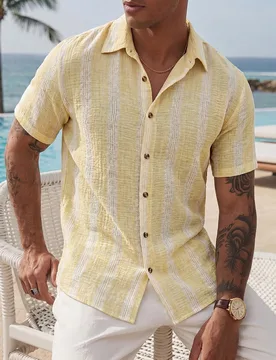 Camisa de manga corta casual de verano para hombre, tejida a rayas amarillas, fina y ajustada, para vacaciones y días festivos XXL - Shein - FashionsVida