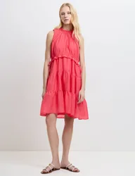 High Neck Ruffle Midi Tiered Dress Pink female