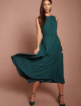 Women's Pleated Neckline Belted Crepe Midi Dress in Emerald Size: 16 - Emerald - Size: 16 - Coast - FashionsVida