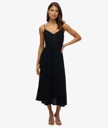 Superdry Damen Gestuftes Midikleid mit Halblanger Knopfleiste Black - Größe: 42