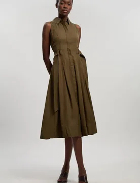 Women's Premium Viscose Linen Topstitch Halter Neck Woven Midi Dress With D Ring Detail in Khaki Size: 12 - Khaki - Size: 12 - Karen millen - FashionsVida