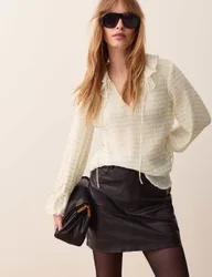Striped Ruffle Tie Neck Blouse Ecru Mix female