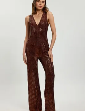 Womens Premium Crystal Embellished Jumpsuit - Brown - Size Large - Karen millen - FashionsVida