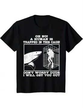 Vintage Funny Shark Cage Horror Parody-"Oh No! A Human Trapped"Graphic-100% cotton O-neck printed men's T-shirt - Aliexpress - FashionsVida